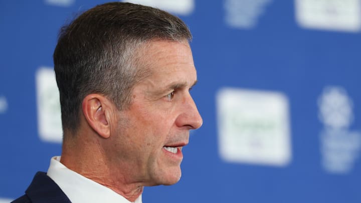 Jan 20, 2026; East Rutherford, NJ, USA; New York Giants head coach John Harbaugh speaks at the press conference announcing his hiring at Quest Diagnostics Training Center. Mandatory Credit: Ed Mulholland-Imagn Images
