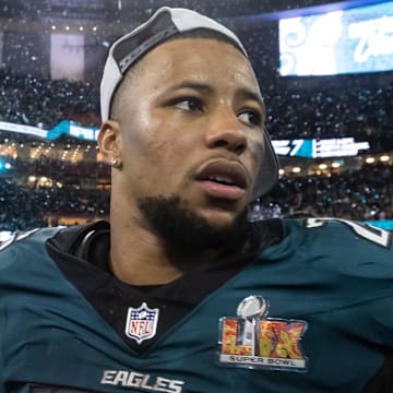 Feb 9, 2025; New Orleans, LA, USA; Philadelphia Eagles running back Saquon Barkley (26) after defeating the Kansas City Chiefs during Super Bowl LIX at Ceasars Superdome. Mandatory Credit: Mark J. Rebilas-Imagn Images