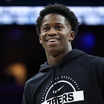Oct 25, 2025; Philadelphia, Pennsylvania, USA; Philadelphia 76ers guard VJ Edgecombe before action against the Charlotte Hornets at Xfinity Mobile Arena. Mandatory Credit: Bill Streicher-Imagn Images