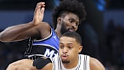 San Antonio Spurs forward Keldon Johnson moves the ball past Orlando Magic forward Jonathan Isaac