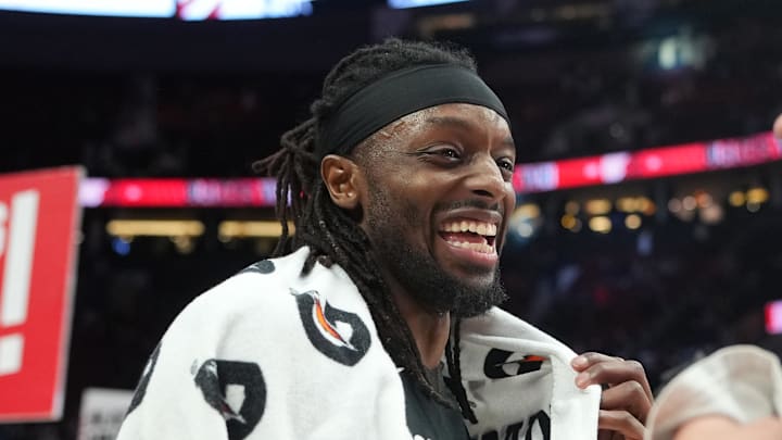Feb 7, 2026; Portland, Oregon, USA; Portland Trail Blazers forward Jerami Grant (9, left) and Toumani Camara (33) celebrate after defeating the Memphis Grizzlies 122–115 at Moda Center. Mandatory Credit: Soobum Im-Imagn Images