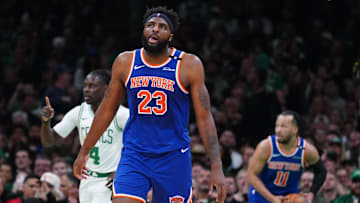 May 5, 2025; Boston, Massachusetts, USA; New York Knicks center Mitchell Robinson (23) returns up court against the Boston Celtics in the second quarter during game one of the second round for the 2025 NBA Playoffs at TD Garden. Mandatory Credit: David Butler II-Imagn Images