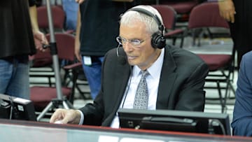 Nov 4, 2015; Cleveland, OH, USA; ESPN television analyst Hubie Brown sits courtside after a game between the Cleveland Cavaliers and the New York Knicks at Quicken Loans Arena. Cleveland won 96-86. 