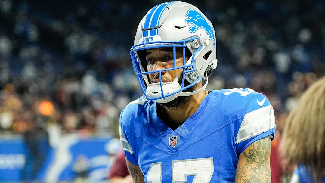 Former Detroit Lions wide receiver Tim Patrick (17) walks off the field after a 45-31 loss to the Washington Commanders at the NFC divisional round at Ford Field in Detroit on Saturday, Jan. 18, 2025.