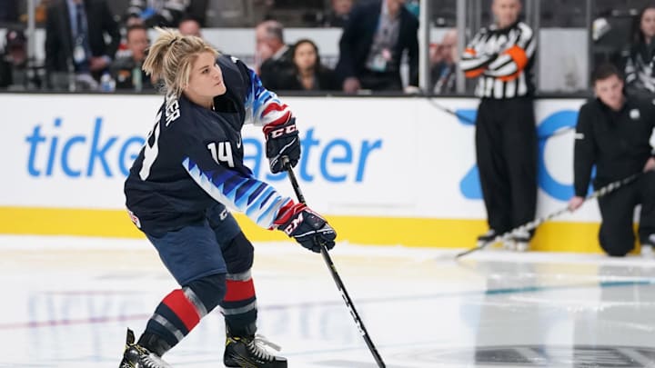 Jan 25, 2019; San Jose, CA, USA; USA women's ice hockey player Brianna Decker in the premier passer competition in the 2019 NHL All Star Game skills competition at SAP Center. Mandatory Credit: Kyle Terada-Imagn Images