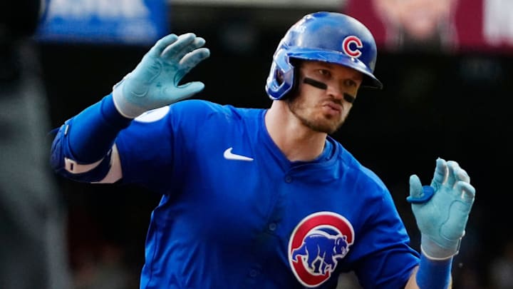 Chicago Cubs left fielder Ian Happ (8) homers (1) on a fly ball to center field during the sixth inning of the National League Division Series game against the Milwaukee Brewers on Saturday October 4, 2025 at American Family Field in Milwaukee, Wisconsin.
