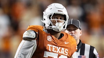 Dec 21, 2024; Austin, Texas, USA; Texas Longhorns offensive lineman Kelvin Banks Jr. (78) against the Clemson Tigers during the CFP National playoff first round at Darrell K Royal-Texas Memorial Stadium. Mandatory Credit: Mark J. Rebilas-Imagn Images