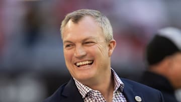 Dec 17, 2023; Glendale, Arizona, USA; San Francisco 49ers general manager John Lynch against the Arizona Cardinals at State Farm Stadium. Mandatory Credit: Mark J. Rebilas-USA TODAY Sports