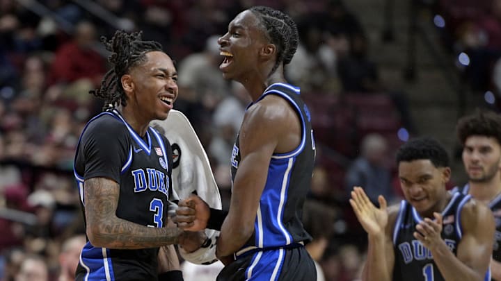 Jan 3, 2026; Tallahassee, Florida, USA; Duke Blue Devils guard Dame Sarr (7) celebrates making a three-point shot with guard Isaiah Evans (3) during the second half against the Florida State Seminoles