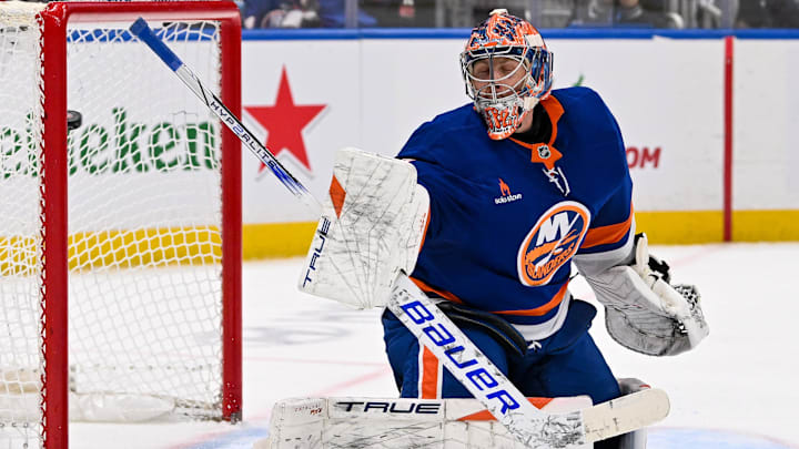 Nov 25, 2024; Elmont, New York, USA;  Detroit Red Wings left wing Lucas Raymond (23) (not pictured) scores a goal past New York Islanders goaltender Semyon Varlamov (40) during the third period at UBS Arena. Mandatory Credit: Dennis Schneidler-Imagn Images