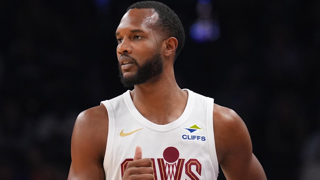 Mar 21, 2025; Phoenix, Arizona, USA; Cleveland Cavaliers forward Evan Mobley (4) looks on against the Phoenix Suns during the first half at Footprint Center. Mandatory Credit: Joe Camporeale-Imagn Images