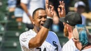 Jul 10, 2024; Chicago, Illinois, USA; Chicago White Sox designated hitter Eloy Jimenez (74) and pitcher Michael Kopech (34) celebrate after a game against the Minnesota Twins at Guaranteed Rate Field.