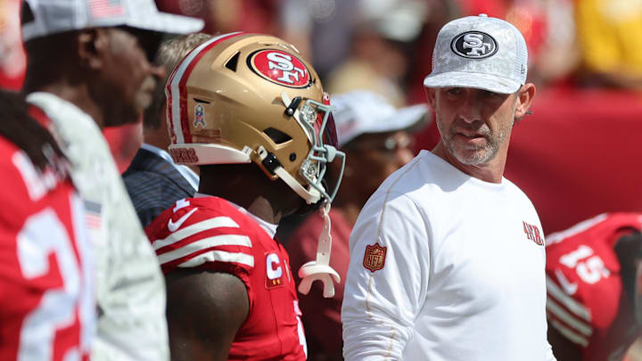 Nov 10, 2024; Tampa, Florida, USA; San Francisco 49ers head coach Kyle Shanahan and wide receiver Deebo Samuel Sr. (1) against the Tampa Bay Buccaneers prior to the game at Raymond James Stadium. Mandatory Credit: Kim Klement Neitzel-Imagn Images