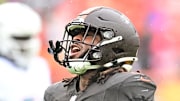 Cleveland Browns defensive end Alex Wright celebrates after a play against the Miami Dolphins.