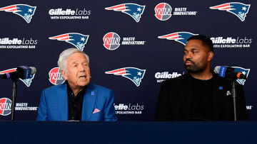 Jan 17, 2024; Foxborough, MA, USA; New England Patriots owner Robert Kraft  (left) announces the