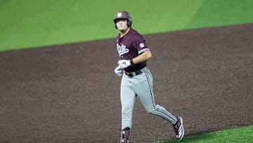 Mississippi State's Hunter Hines (44) runs to the dugout between innings during the game between Mississippi State and the University of Memphis at FedExPark in Memphis, Tenn., on Tuesday, April 1, 2025.
