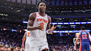 New York Knicks forward OG Anunoby (8) responds to a fan in Game One of the First Round of the NBA Playoffs against the Detroit Pistons at Madison Square Garden.
