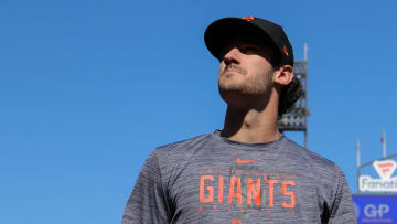 Jul 26, 2023; San Francisco, California, USA; San Francisco Giants 2023 first-round pick Bryce Eldridge before the game against the Oakland Athletics at Oracle Park. 