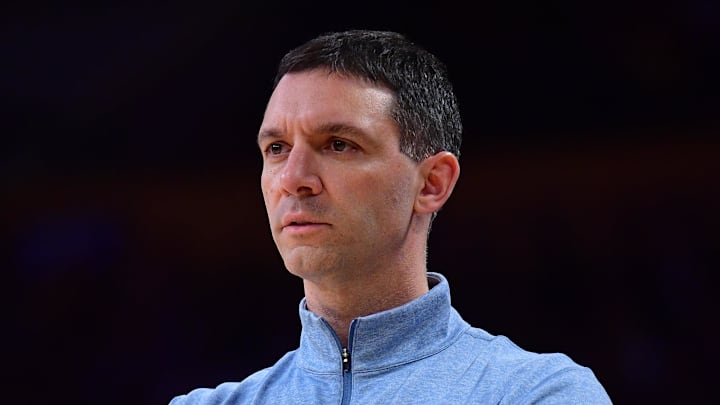 April 7, 2026; Los Angeles, California, USA; Oklahoma City Thunder head coach Mark Daigneault watches game action against the Los Angeles Lakers during the first half at Crypto.com Arena. Mandatory Credit: Gary A. Vasquez-Imagn Images