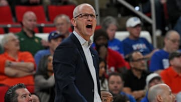 Mar 23, 2025; Raleigh, NC, USA; Connecticut Huskies head coach Dan Hurley reacts during the first half against the Florida Gators in the second round of the NCAA Tournament at Lenovo Center. Mandatory Credit: Zachary Taft-Imagn Images