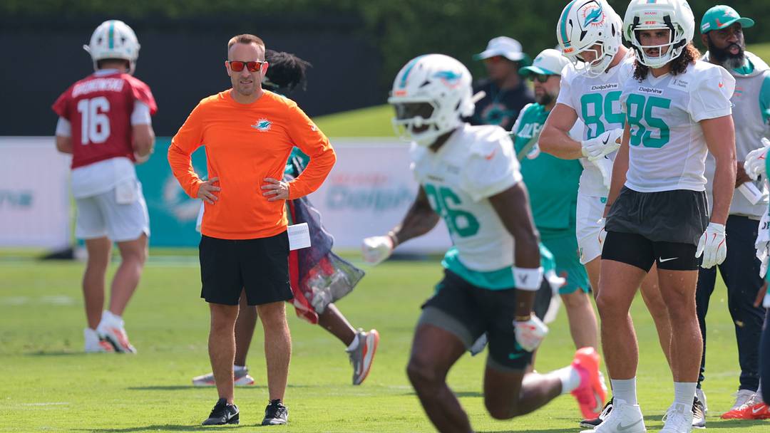 Miami Dolphins head coach Jeff Hafley watches practice at the Baptist Health Training Complex.