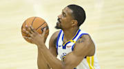 Nov 8, 2024; Cleveland, Ohio, USA; Golden State Warriors guard De'Anthony Melton (8) looks to shoot in the third quarter against the Cleveland Cavaliers at Rocket Mortgage FieldHouse. Mandatory Credit: David Richard-Imagn Images