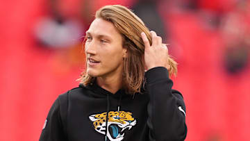 Jan 21, 2023; Kansas City, Missouri, USA; Jacksonville Jaguars quarterback Trevor Lawrence (16) before playing against the Kansas City Chiefs in the AFC divisional round game at GEHA Field at Arrowhead Stadium.