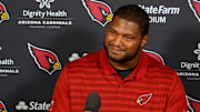 Calais Campbell, defensive lineman, speaks to the media about his return to the Arizona Cardinals after an eight-year absence during a news conference on April 10, 2025, in Phoenix, Ariz., at the Arizona Cardinals Training Facility.