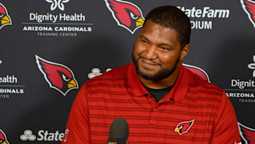 Calais Campbell, defensive lineman, speaks to the media about his return to the Arizona Cardinals after an eight-year absence during a news conference on April 10, 2025, in Phoenix, Ariz., at the Arizona Cardinals Training Facility.
