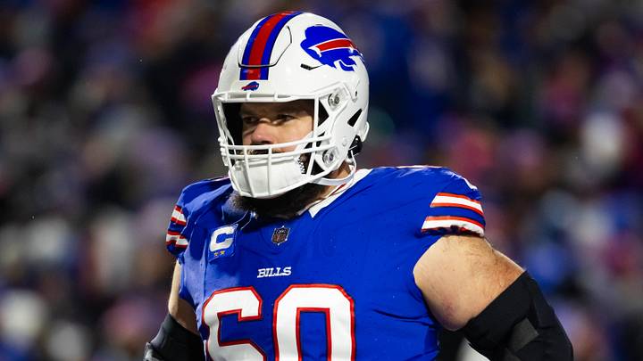Jan 21, 2024; Orchard Park, New York, USA; Buffalo Bills center Mitch Morse (60) against the Kansas City Chiefs in the 2024 AFC divisional round game at Highmark Stadium. Mandatory Credit: Mark J. Rebilas-Imagn Images
