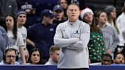 Dec 14, 2024; University Park, Pennsylvania, USA; Penn State Nittany Lions head coach Mike Rhoades looks on from the bench during the first half against the Coppin State Eagles at Bryce Jordan Center. Mandatory Credit: Matthew O'Haren-Imagn Images