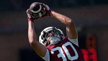 July 31, 2025; Tuscaloosa, AL, USA; Wide receiver Derek Meadows makes a catch during the second practice session of the preseason for the Alabama Crimson Tide.