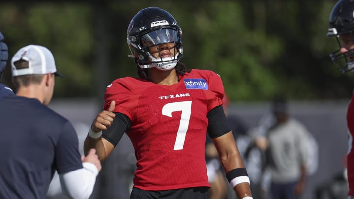 Jul 29, 2024; Houston, TX, USA; Houston Texans quarterback C.J. Stroud (7) during training camp at Houston Methodist Training Center. Mandatory Credit: Troy Taormina-USA TODAY Sports