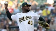 Jul 29, 2025; West Sacramento, California, USA; Athletics starting pitcher Luis Severino (40) throws a pitch against the Seattle Mariners during the first inning at Sutter Health Park. Mandatory Credit: Dennis Lee-Imagn Images