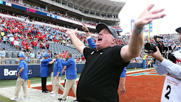 Sep 28, 2024; Oxford, Mississippi, USA; Kentucky Wildcats head coach  Mark Stoops reacts after defeating the Mississippi Rebels at Vaught-Hemingway Stadium. Mandatory Credit: Petre Thomas-Imagn Images