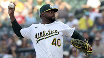 Jul 29, 2025; West Sacramento, California, USA; Athletics starting pitcher Luis Severino (40) throws a pitch against the Seattle Mariners during the first inning at Sutter Health Park. Mandatory Credit: Dennis Lee-Imagn Images