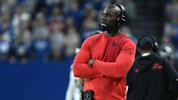 Nov 30, 2025; Indianapolis, Indiana, USA; Houston Texans head coach DeMeco Ryans during the second half against the Indianapolis Colts at Lucas Oil Stadium. Mandatory Credit: Robert Goddin-Imagn Images