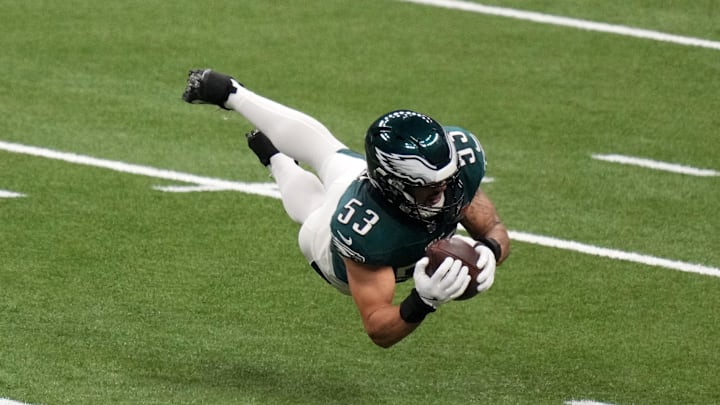Feb 9, 2025; New Orleans, LA, USA; Philadelphia Eagles linebacker Zack Baun (53) makes an interception against Kansas City Chiefs quarterback Patrick Mahomes (not pictured) during the second quarter in Super Bowl LIX at Caesars Superdome. Mandatory Credit: Kirby Lee-Imagn Images Feb 9, 2025; New Orleans, LA, USA; Philadelphia Eagles linebacker Zack Baun (53) makes an interception against Kansas City Chiefs quarterback Patrick Mahomes (not pictured) during the second quarter in Super Bowl LIX at Caesars Superdome. Mandatory Credit: Kirby Lee-Imagn Images