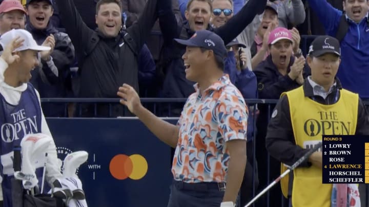 Si Woo Kim celebrates hitting a hole-in-one on Hole 17 at the 2024 Open Championship at Royal Troon.