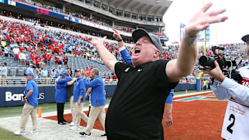 Sep 28, 2024; Oxford, Mississippi, USA; Kentucky Wildcats head coach  Mark Stoops reacts after defeating the Mississippi Rebels at Vaught-Hemingway Stadium. Mandatory Credit: Petre Thomas-Imagn Images