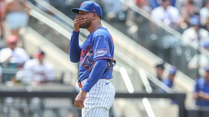 Jun 14, 2026: New York Mets starting pitcher Freddy Peralta (51) reacts after giving up a two out walk in the fifth inning against the Atlanta Braves at Citi Field. 