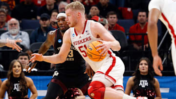 Nebraska forward Rienk Mast drives to the basket during an NCAA Tournament game against Texas A&M in March 2024.