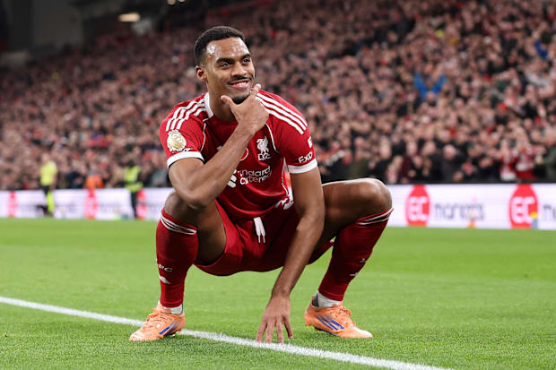 Ryan Gravenberch celebrates for Liverpool.