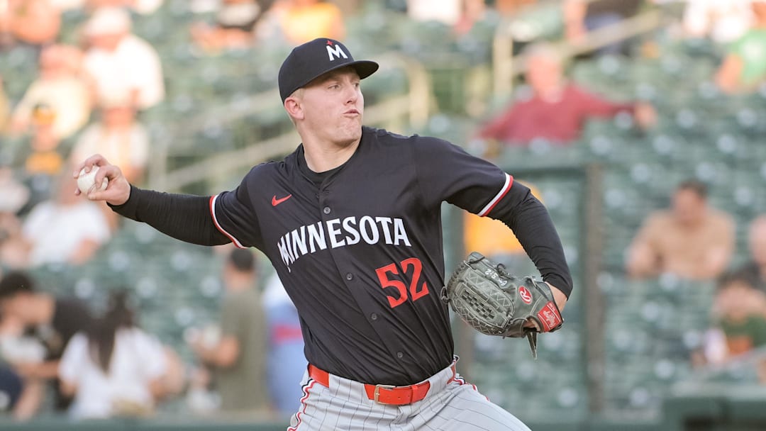 Jun 4, 2025; West Sacramento, California, USA; Minnesota Twins pitcher Zebby Matthews (52) throws a pitch against the Athletics during the first inning at Sutter Health Park. Mandatory Credit: Ed Szczepanski-Imagn Images