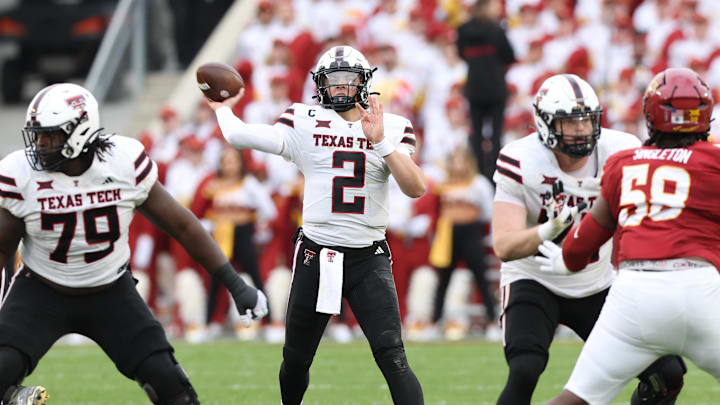 Nov 2, 2024; Ames, Iowa, USA; Texas Tech Red Raiders quarterback Behren Morton (2) throws a pass against the Iowa State Cyclones at Jack Trice Stadium. Mandatory Credit: Reese Strickland-Imagn Images