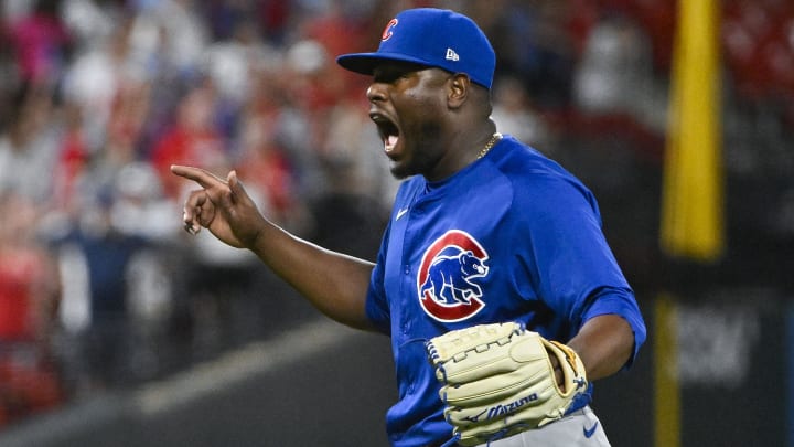 Jul 12, 2024; St. Louis, Missouri, USA;  Chicago Cubs relief pitcher Hector Neris (51) reacts after the Cubs defeated the St. Louis Cardinals at Busch Stadium.