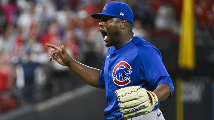 Jul 12, 2024; St. Louis, Missouri, USA;  Chicago Cubs relief pitcher Hector Neris (51) reacts after the Cubs defeated the St. Louis Cardinals at Busch Stadium.