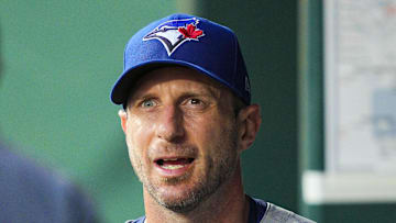 Sep 19, 2025; Kansas City, Missouri, USA; Toronto Blue Jays starting pitcher Max Scherzer (31) reacts after exiting the game during the first inning against the Kansas City Royals at Kauffman Stadium. Mandatory Credit: Jay Biggerstaff-Imagn Images