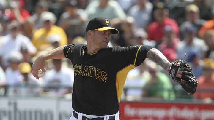 Mar 12, 2015; Bradenton, FL, USA; Pittsburgh Pirates starting pitcher AJ. Burnett throws a pitch during the first inning of a spring training baseball game against the Boston Red Sox at McKechnie Field. Mandatory Credit: Reinhold Matay-Imagn Images