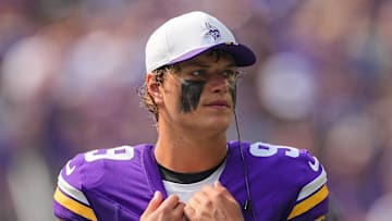 Aug 9, 2025; Minneapolis, Minnesota, USA; Minnesota Vikings quarterback J.J. McCarthy (9) on the sideline against the Houston Texans in the second quarter at U.S. Bank Stadium. 